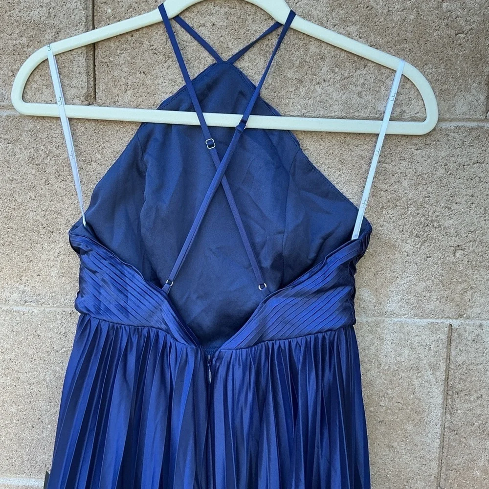 NWT Lulu’s Elaborate Charm Navy Blue Satin Pleated Backless Maxi Dress Small